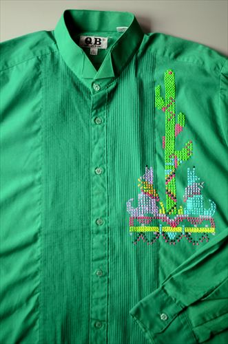 US古着 サボテンのドット絵カスタム 長袖ドレスシャツ メンズL グリーン ウィングカラー アメリカ古着