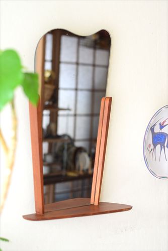 デンマーク製 1960年代 チーク ウォールミラー 53x31cm 棚付き シェルフ 壁掛け鏡 北欧 無垢 アンティーク