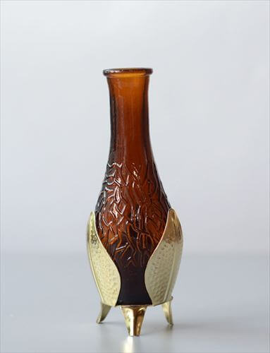 ドイツから アンバーガラスとホルダーの花瓶 一輪挿し 花器 グラス フラワーベース アンティーク　ヴィンテージ