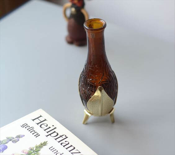 ドイツから アンバーガラスとホルダーの花瓶 一輪挿し 花器 グラス フラワーベース アンティーク　ヴィンテージ