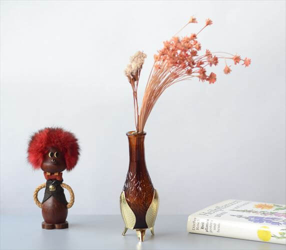 ドイツから アンバーガラスとホルダーの花瓶 一輪挿し 花器 グラス フラワーベース アンティーク　ヴィンテージ