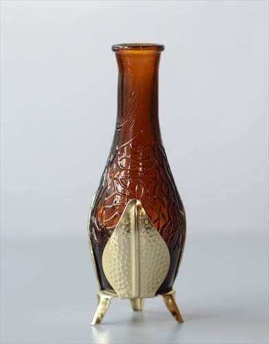 ドイツから アンバーガラスとホルダーの花瓶 一輪挿し 花器 グラス フラワーベース アンティーク　ヴィンテージ