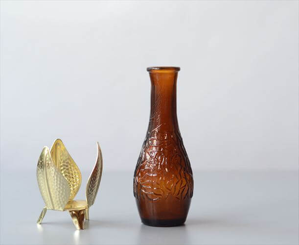 ドイツから アンバーガラスとホルダーの花瓶 一輪挿し 花器 グラス フラワーベース アンティーク　ヴィンテージ