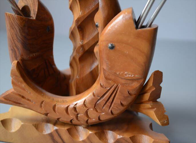 ドイツから お魚のカクテルフォーク ホルダー 木製 ピック デザート 食器 ヴィンテージ アンティーク_250711