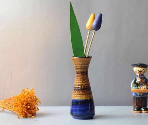 ドイツ製 Dumler&Breiden ブルーｘブラウン 陶器の花瓶 花器 一輪挿し ミッドセンチュリー期 フラワーベース ヴィンテージ