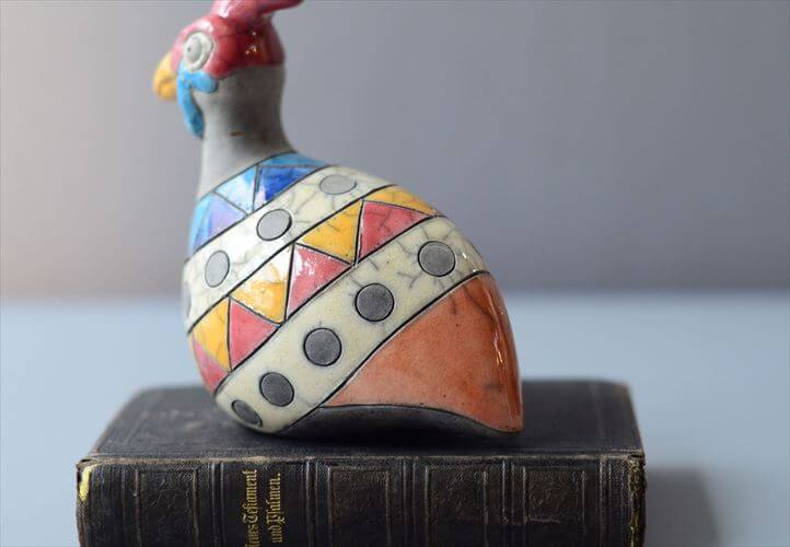 南アフリカの楽焼 カラフルなホロホロ鳥 Raku pottery Guinea Fowl 陶器 オブジェ フィギュア アンティーク