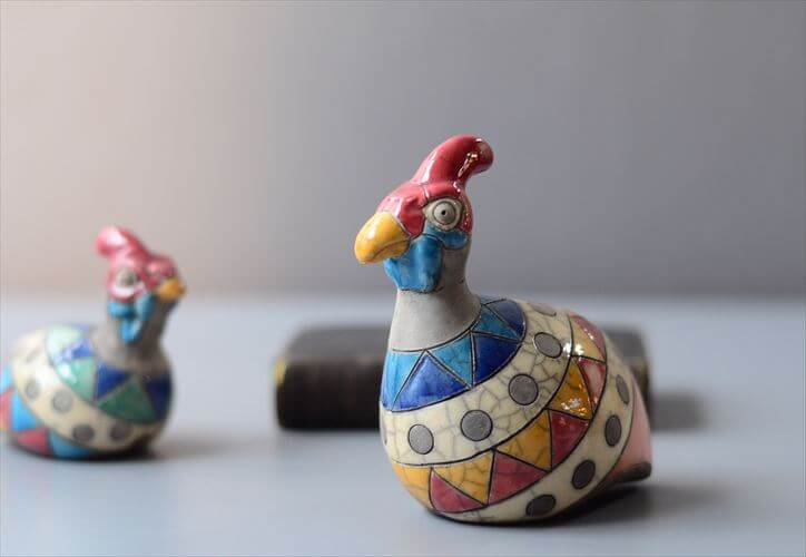 南アフリカの楽焼 カラフルなホロホロ鳥 Raku pottery Guinea Fowl 陶器 オブジェ フィギュア アンティーク