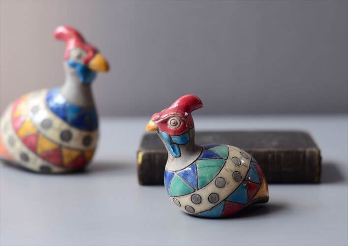 南アフリカの楽焼 カラフルなホロホロ鳥 Raku pottery Guinea Fowl 陶器 オブジェ フィギュア アンティーク