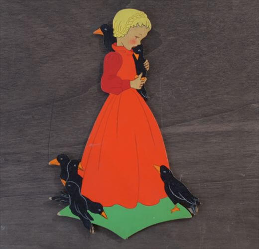 西ドイツ製 Mertens kunst カラスを可愛がる女の子 木製 壁掛け ウォールデコ グリム童話 メルテンス ヴィンテージ アンティーク_260415