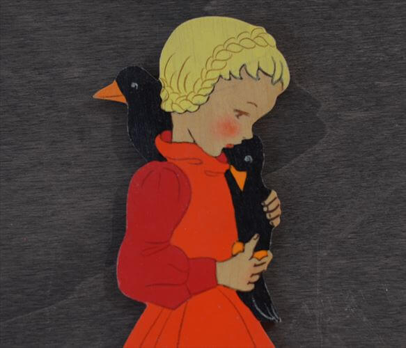 西ドイツ製 Mertens kunst カラスを可愛がる女の子 木製 壁掛け ウォールデコ グリム童話 メルテンス ヴィンテージ アンティーク_260415