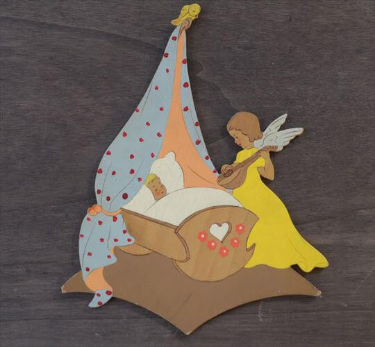 訳あり 西ドイツ製 Mertens kunst 眠る子供と天使 木製 壁掛け ウォールデコ グリム童話 メルテンス ヴィンテージ アンティーク_260415