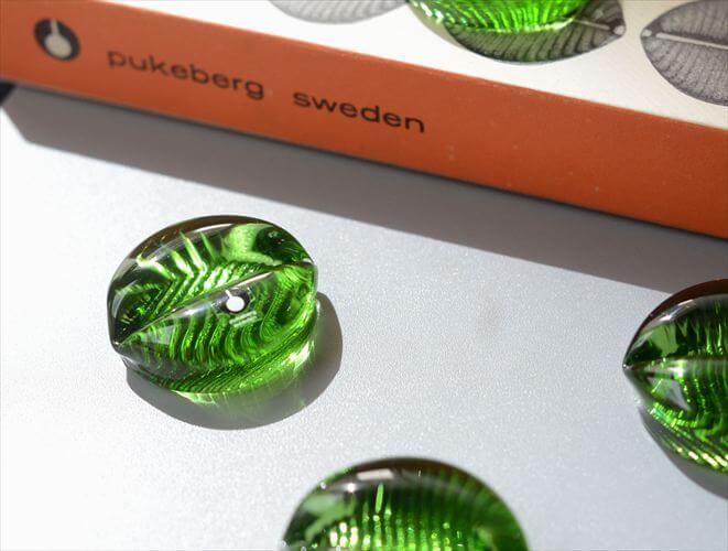 スウェーデン製 Pukeberg グリーンガラス ナイフレスト 6個セット 箱付き プーケベリ カードスタンド 北欧 ヴィンテージ