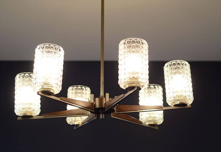 ドイツ製 1960年代頃の6灯ガラスシャンデリア ミッドセンチュリー ヴィンテージ 天井照明 ライト ランプ アンティーク