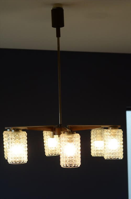 ドイツ製 1960年代頃の6灯ガラスシャンデリア ミッドセンチュリー ヴィンテージ 天井照明 ライト ランプ アンティーク