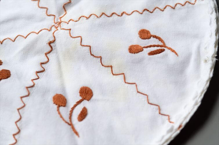 イングランドから ヴィンテージ ハンド刺繍 ファブリックトレー φ29cm クロス トレイ イギリス 英国 アンティーク