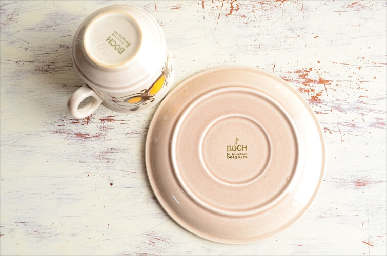 ベルギー製 BOCH ボッホ レアパターン イエロー カップ&ソーサー磁器 陶器 アンティーク ヴィンテージ 食器_240215