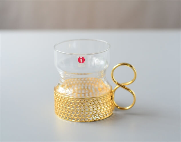 iittala イッタラ Tsaikka ツァイッカ グラスカップ クリア×ゴールドホルダー ラベル付き ガラス 北欧 ヴィンテージ_240612