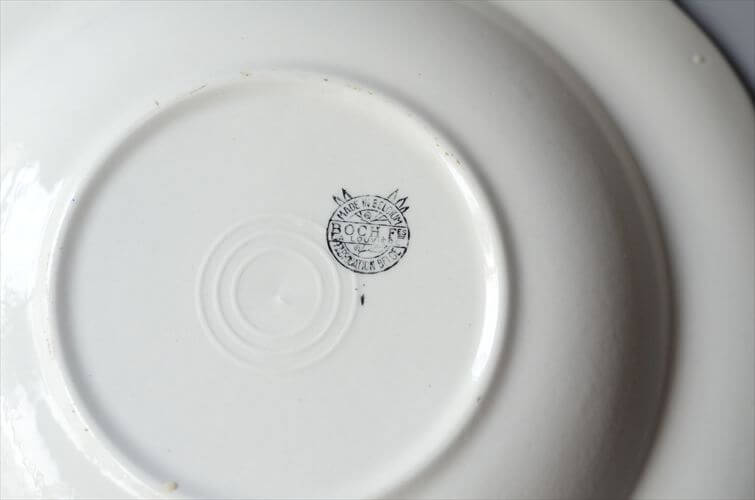 1930-40年代 ベルギー製 BOCH 赤い植物スタンプのスープ パスタプレート 23cm 深皿 アンティーク ヴィンテージ