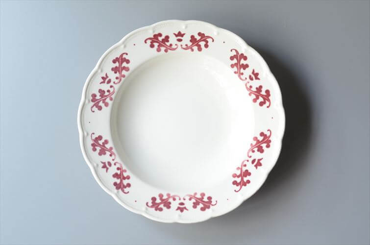 1930-40年代 ベルギー製 BOCH 赤い植物スタンプのスープ パスタプレート 23cm 深皿 アンティーク ヴィンテージ