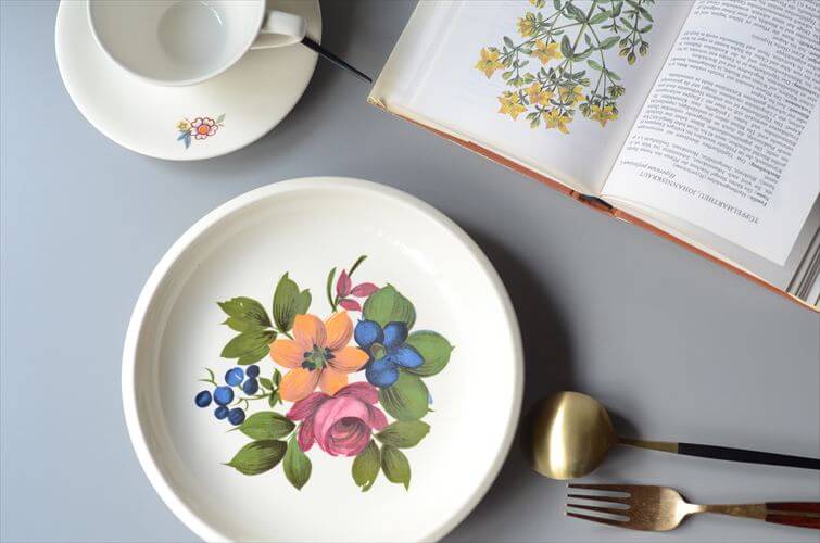 ベルギー製 BOCH きれいな3色のお花のプレート 21.5cm パスタ皿としても ボッホ フラワー 食器 アンティーク ヴィンテージ