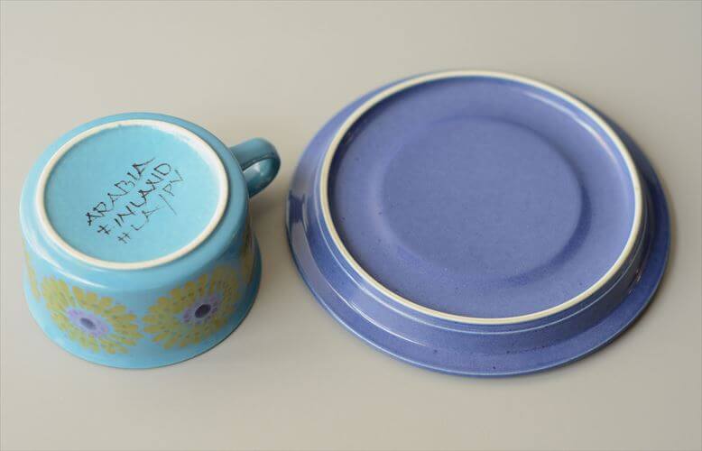 希少！ARABIA アラビア Hilkka Liisa Ahola ティーカップ＆ソーサー ターコイズ HLA ヒルッカリーサアホラ 北欧 アンティーク_260722
